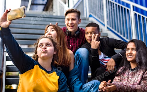 Preview: Group of school friends having fun and taking a selfie