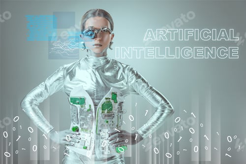 Preview: futuristic silver cyborg standing with hands on waist and looking at camera on grey with"artificial