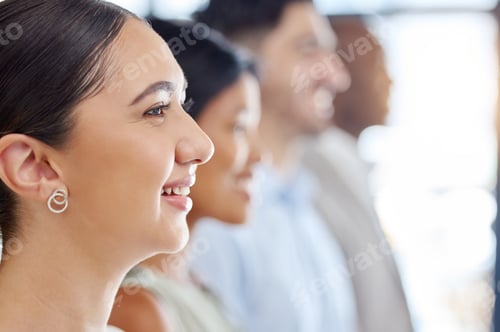 Preview: Happy, smile and profile of business woman with her team standing in the office during meeting. Hap