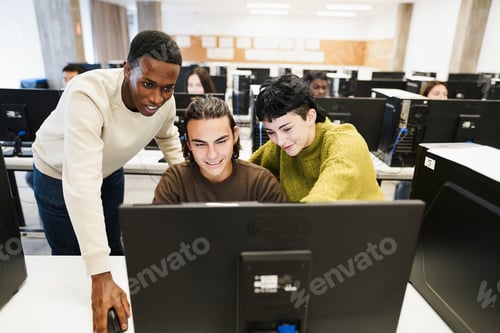 Preview: Multiracial students using personal computer at IT college class