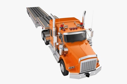 Preview: Orange Long Hood Truck with Flatbed Trailer