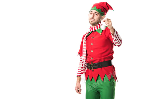 Preview: man in christmas elf costume holding bauble and looking at camera isolated on white background