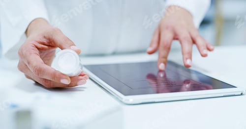 Preview: Doctor, hands and tablet with medication at pharmacy for medical research, side effects or symptoms