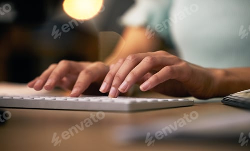 Preview: Hands, keyboard and a business person typing in an office closeup at night for overtime project man