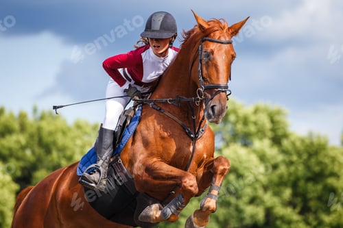 Preview: Close up portrait of young jockey girl leaping over obstacle on show jumping competition