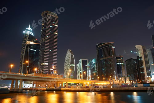 Preview: City skyline illuminated at night with reflections on water.