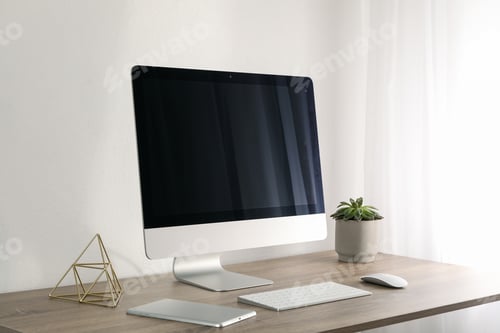 Preview: Workplace with computer and plant on wooden table. White background