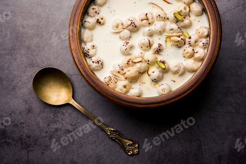 Preview: Sweet Roasted Makhana Kheer is an Indian dessert recipe, served in a bowl garnished with dry fruits