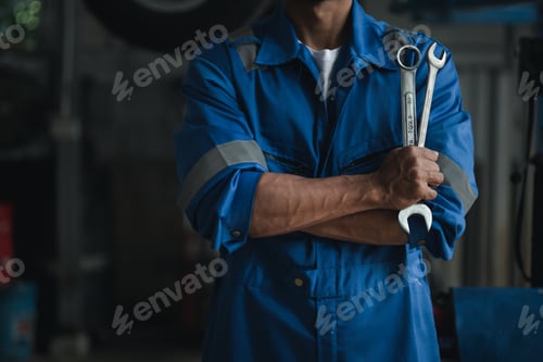 Preview: Car mechanic in uniform holding wrench at auto workshop, all kinds of auto specialists, expert auto