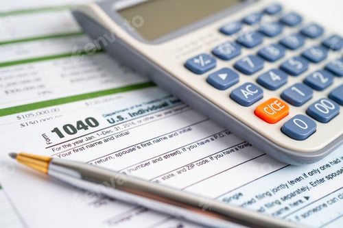 Preview: Tax Return form 1040 and dollar banknote, U.S. Individual Income.