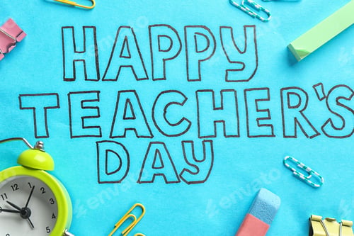 Preview: Alarm clock, text HAPPY TEACHER'S DAY and stationery on color paper