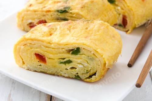 Preview: Tamagoyaki, japanese rolled omelette with chopsticks, resting on white plate