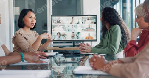 Preview: Discussion, team and video conference with screen and business people, online with business meeting