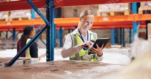 Preview: Woman, tablet and scanner for boxes in warehouse for e commerce, logistics or inventory of online o