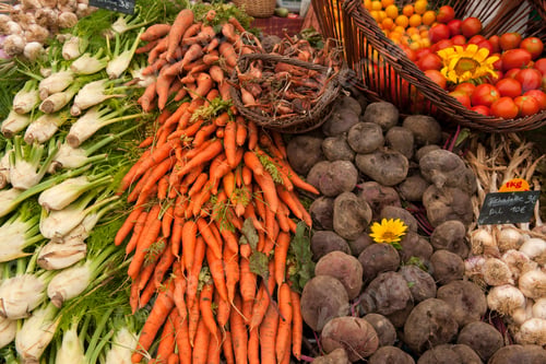 Preview: Traditional French market stall with vegetables on display, Issigeac, France
