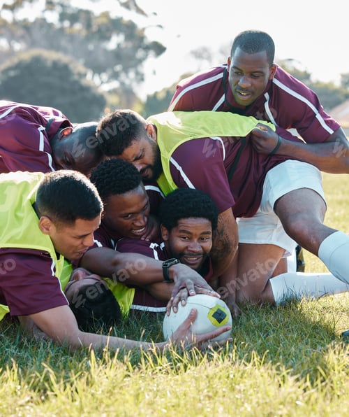 Preview: Goal, tackle or rugby team in training, exercise or fun practice workout match on sports field toge
