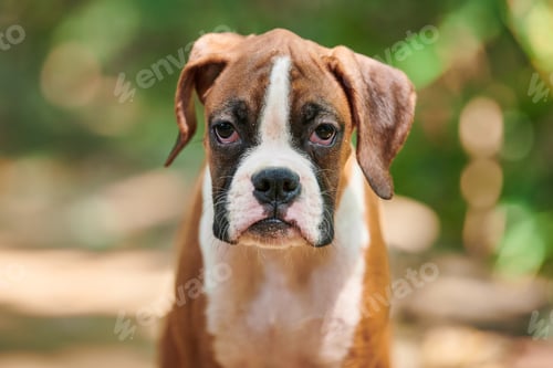 Preview: Boxer dog puppy face close up at outdoor park walking, green grass background, funny boxer dog face