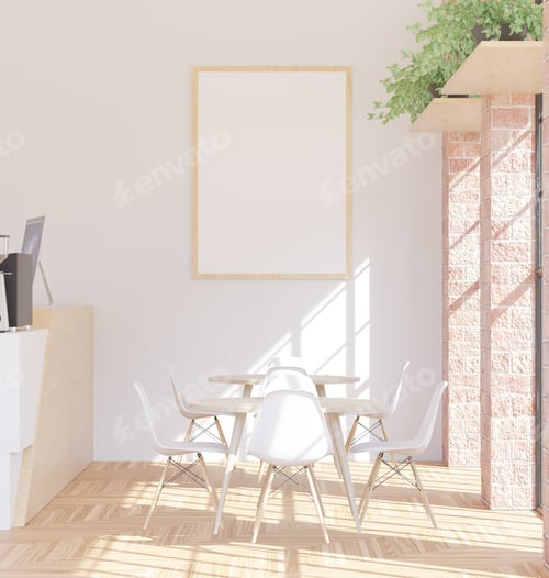 Preview: Bright Minimalist Dining Area with Empty White Frame
