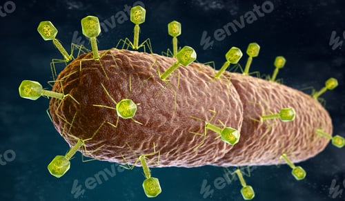 Preview: Multiple bacteriophage on a rod-shaped bacteria