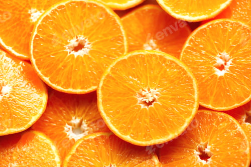 Vista previa: Fresh sliced orange fruit texture. Macro, top view, copy space. Food frame. Juicy oranges background
