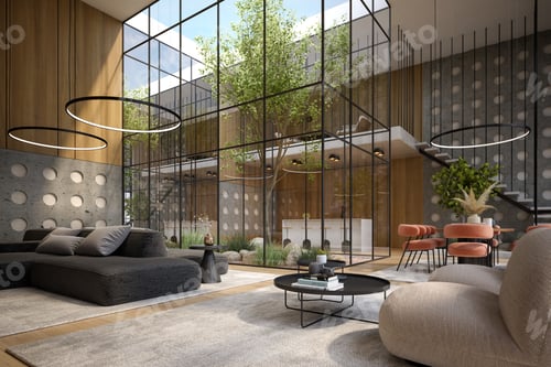 Preview: Modern Interior Design with Glass Walls and Trees