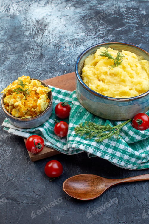Preview: Front view of mashed potatoes served with dill and delicious dish fresh tomatoes on green stripped