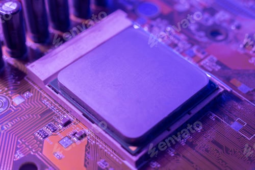 Preview: the cpu processor installed in the computer, close up, with rgb color light