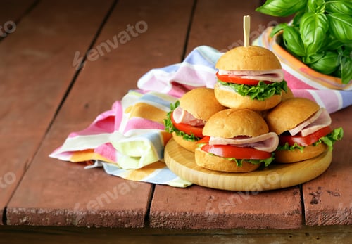 Preview: Fresh Mini Ham Sandwiches on Rustic Wooden Table