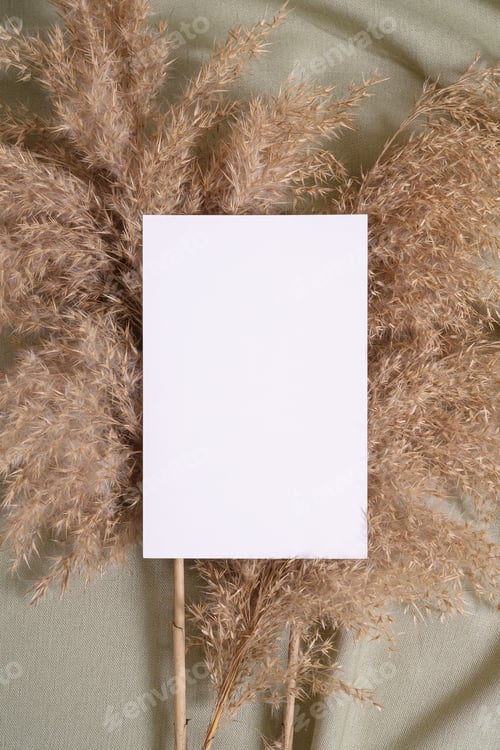 Preview: White blank paper card mockup with pampas dry grass on a green neutral colored textile