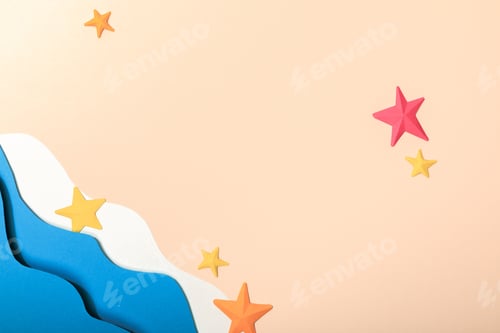 Preview: top view of paper beach with starfishes on sand near sea