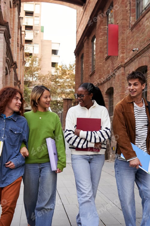 Preview: Internacional group of university students walking and talking at school campus going to class.