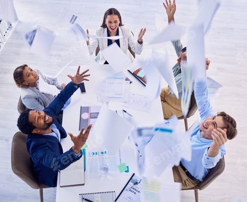 Preview: Excited, documents in air and business people in meeting for celebration, success and financial pro