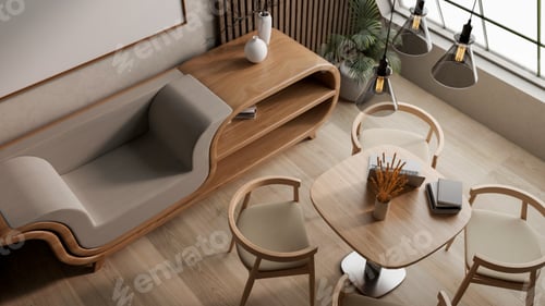 Preview: Top view of living room with lamps above wooden table and chairs set aside multifunctional armchair.