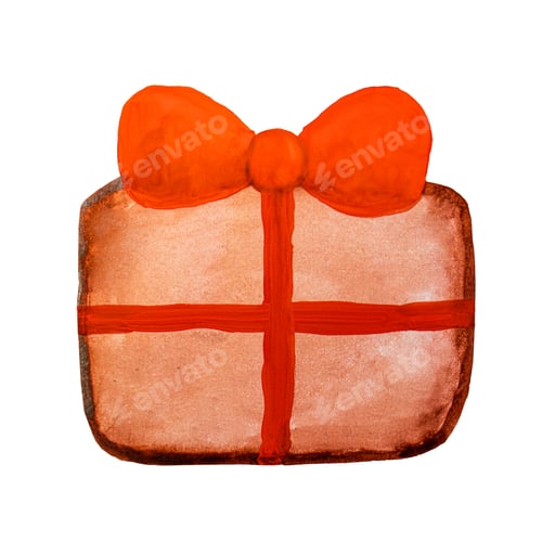 Preview: gift with a red ribbon painted with watercolors, child's drawing, Christmas gift, birthda