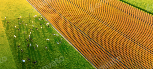 Preview: Aerial view of the cows. Field with tulips. Agriculture and animal husbandry.