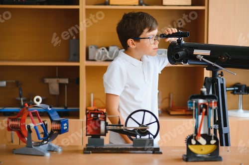 Preview: Physics lesson. A student at a desk with scientific instruments and a telescope