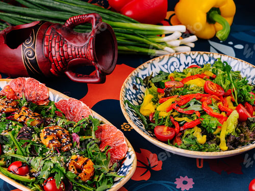 Preview: Vibrant mediterranean feast on colorful table setting