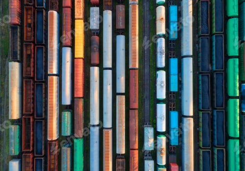 Preview: Aerial view of freight trains at sunset. Top view