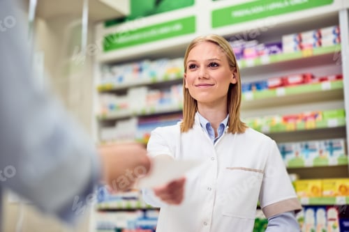 Preview: Friendly Pharmacist Assisting Customer at Pharmacy Counter with a Pleasant Smile