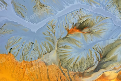 Preview: Aerial view of surreal natural patterns of gold cyanide leaching flowing into decanting lake