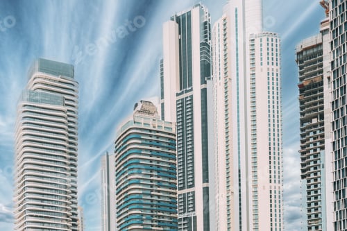 Preview: View of high-rise buildings in sunny day. Cityscape Backgrounds