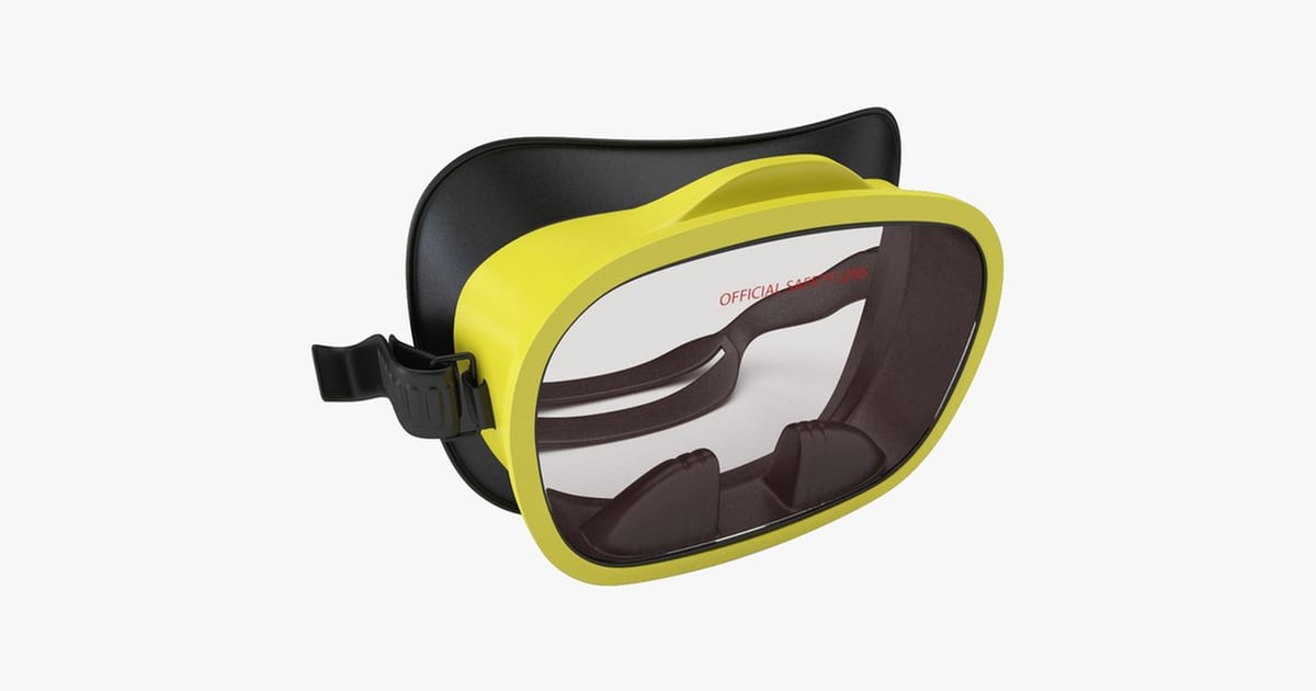 Safety goggles with black strap and yellow rectangular frame 3D, Incl ...