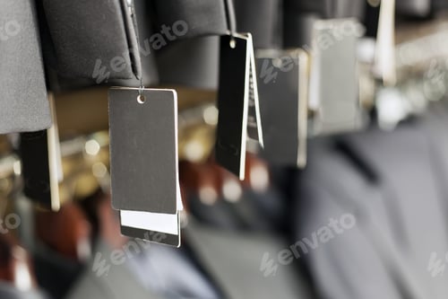 Preview: Blank label on elegant suit jacket hanging, apparel store