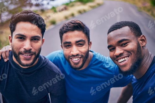 Preview: Fitness, selfie and men friends in a road happy for training, exercise and bond in nature. Sports,