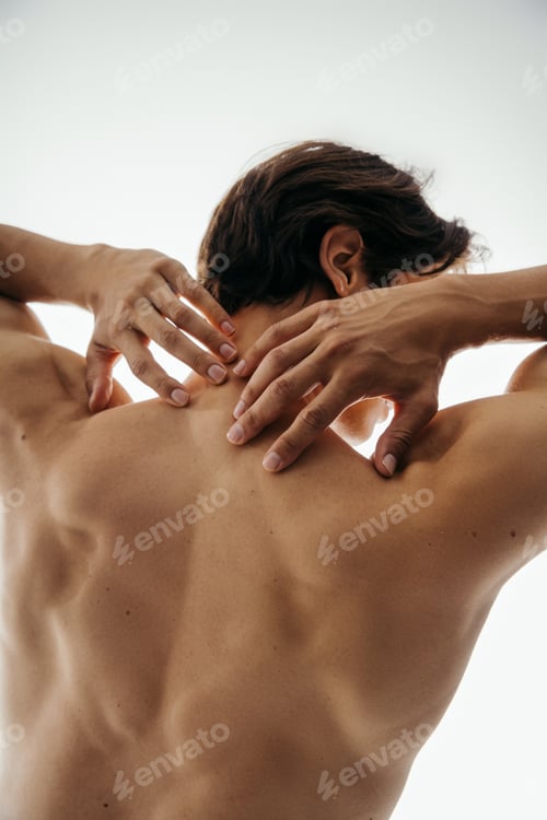 Preview: back view of shirtless man with muscular body posing isolated on white