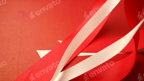 Preview: Red And White Ribbons In Blurred Style On Craft Paper For Christmas And New Year Background