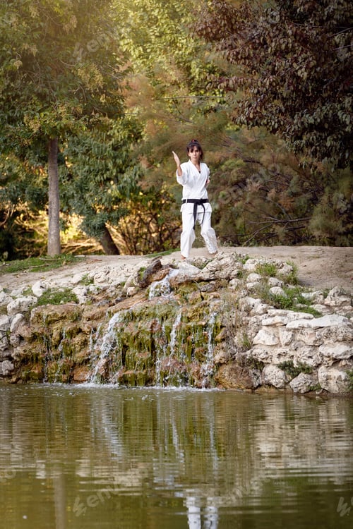 Preview: Woman in white kimono with black belt training karate outdoors in the nature.