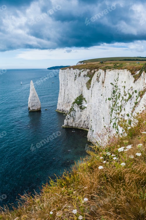 Preview: Chalk stacks and cliffs at Old Harry Rocks, between Swanage and Purbeck, Dorset, Jurassic Coast, Eng