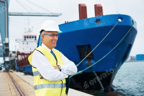 Preview: I love my job. A pleased dock worker standing at the harbor amidst shipping industry activity.