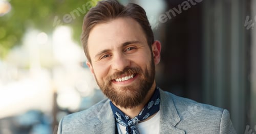 Preview: Business man, city and portrait with smile for travel, commute and excited for job at fashion magaz